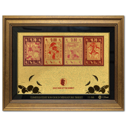 2023 Year of the Rabbit Numbered Gold Foiled Miniature Sheet with Coloured Stamp in Frame Number 11 | NZ Post Collectables