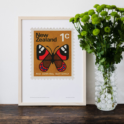 Enid Hunter Butterflies 1970 Red Admiral Butterfly 1c Stamp Art Print - framed | NZ Post Collectables