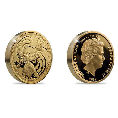 2019 Māui and the Goddess of Fire set of two gold proof coins Māui coin 3D | NZ Post Collectables