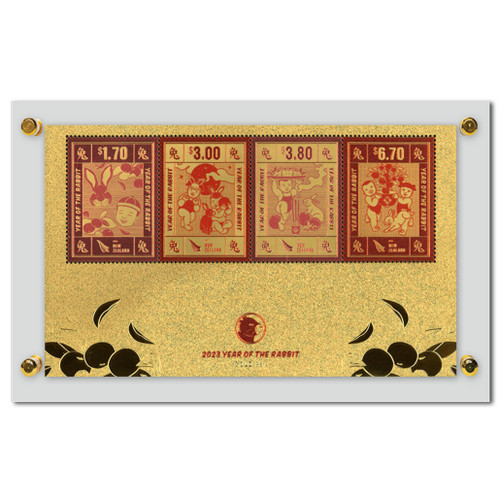 2023 Year of the Rabbit Gold Foiled Miniature Sheet with Coloured Stamp in Perspex Stand | NZ Post Collectables