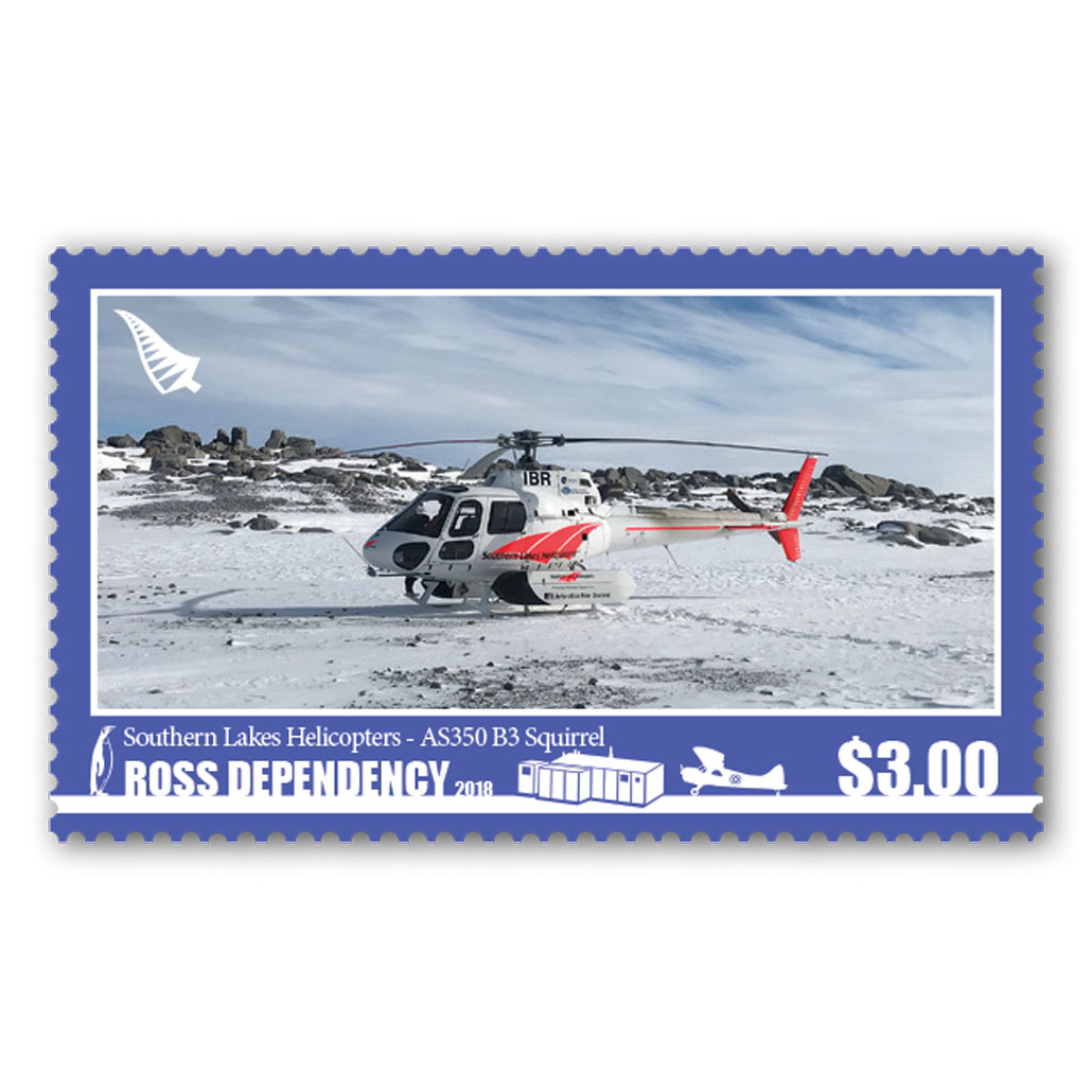 2018 Ross Dependency Aircraft Single $3.00 'Southern Lakes Helicopters - AS350-B3 Squirrel' gummed stamp | NZ Post Collectables