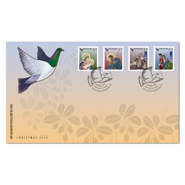 Christmas 2019 first day cover with four self-adhesive stamps affixed