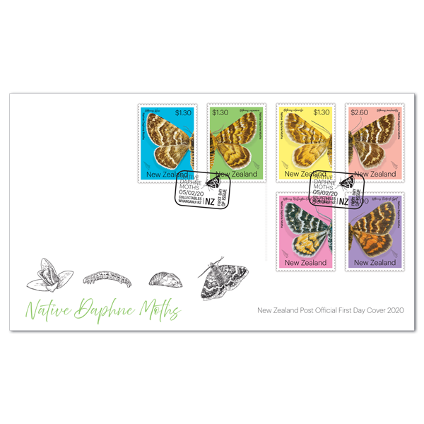 Native Daphne Moths first day cover with six gummed stamps affixed | NZ Post Collectables