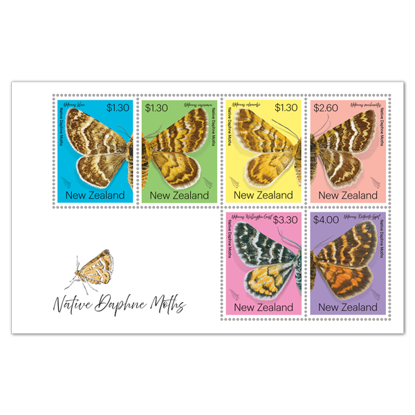 Native Daphne Moths gummed miniature sheet | NZ Post Collectables