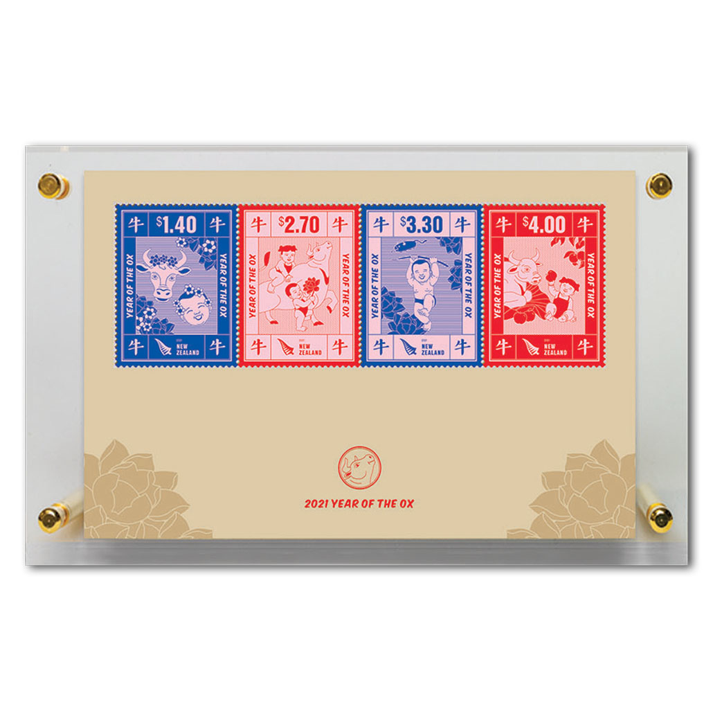 2021 Year of the Ox Gold Foiled Miniature Sheet with Coloured Stamps in Perspex Stand | NZ Post Collectables