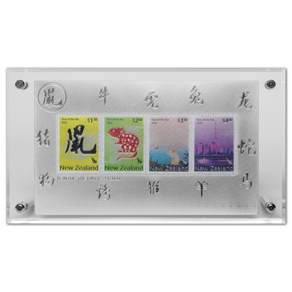 2020 Year of the Rat silver foiled miniature sheet with coloured stamps in perspex stand