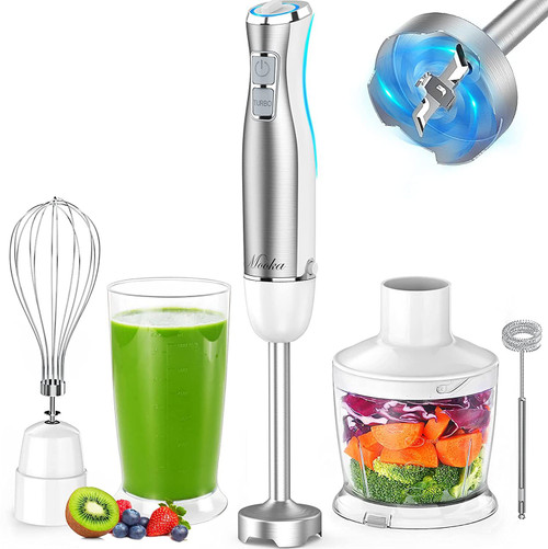 Hand Blender;  5 in 1 Multi-Purpose Immersion Blender set;  1100 watts 12 Adjustable Speed Stick Blender;  600ml Beaker;  500ml Food Processor Container;  Egg Whisk;  Milk Frother Attachments;  White