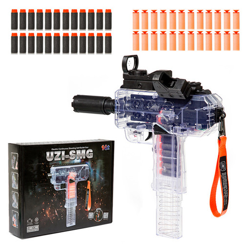 Toy Gun for Nerf Guns Darts; Automatic Burst Tachine Gun Rapid Firing Automatic Toy Guns; 24 Bullets Full Auto Toy Gun with Removable Magazine; Great as a Gift for Kids (Transparent Uzi)