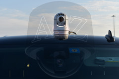 A2Z QPTZ9 Quick Magnet Mount Mobile Vehicle IR HD PTZ Camera White Close up shown magnetically attached on standard truck