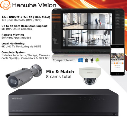 Hanwha 8x 4MP IR Cams 16ch+ Hybrid CCTV Security Camera System