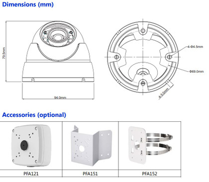 Dahua OEM HDW2220M HD CVI IR Ball Cam Dimensions and Accessories