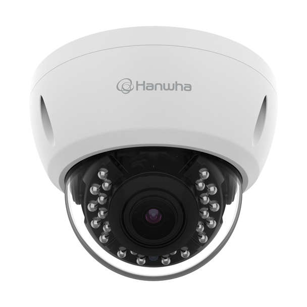 Hanwha (fka Samsung) ACV-8081R 5MP IR Vandal Dome Camera front view below Hanwha (fka Samsung) ACV-8081R 5MP IR Vandal Dome Camera front view below