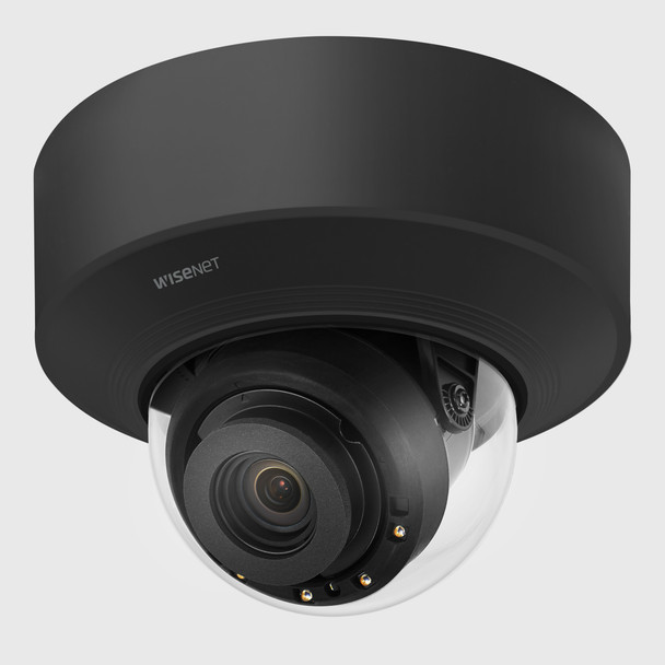 Hanwha PNV-A9081RLP 4K Low-Mid Speed LPR IR Vandal Dome IP Camera with black case cover accessory