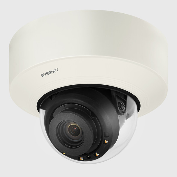 Hanwha PNV-A9081RLP 4K Low-Mid Speed LPR IR Vandal Dome IP Camera with beige case cover accessory