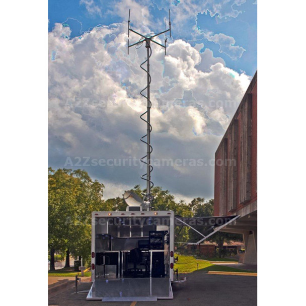 A2Z MCCT-E32 32ft Mobile Command Center Trailer rear ramp down, mast deployed.