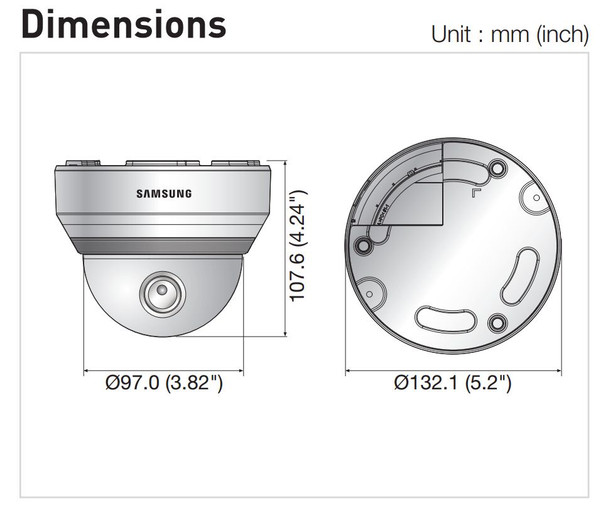 Samsung SND-5084 1.3 Megapixel 720P HD IP Dome Camera Dimesions