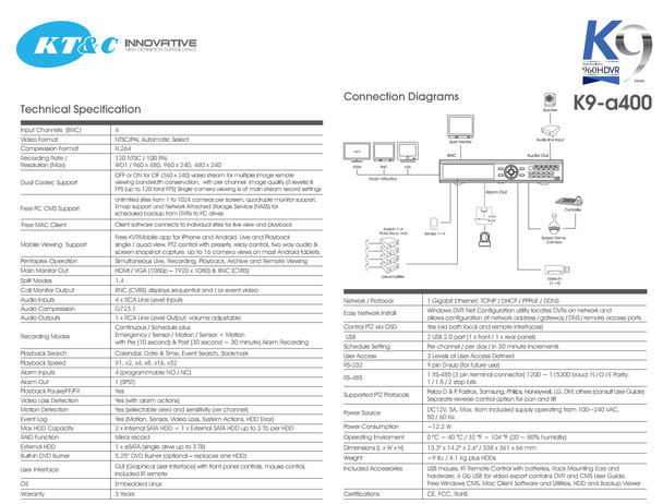 KTNC K9-A400 DVR Spec