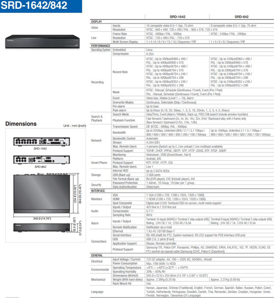 Samsung SRD-842 960H DVR specifications