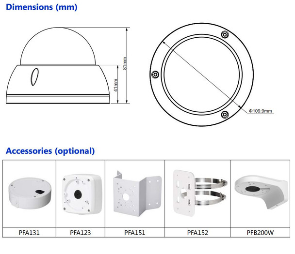 Dahua OEM HDBW2220E HD CVI IR Vandal Dome Dimensions and Accessories