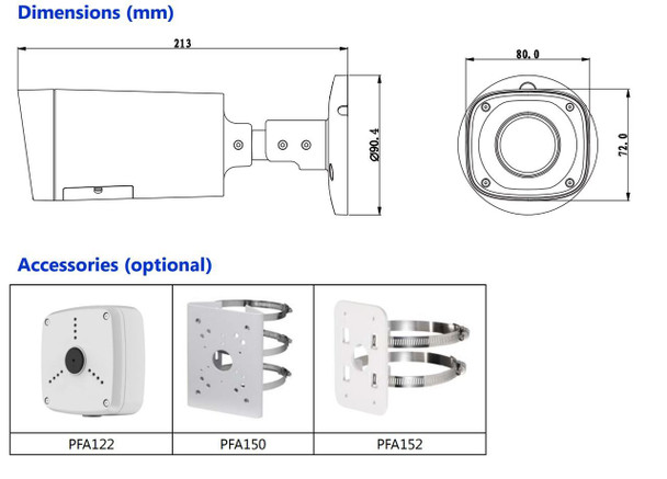 A2Z HFW2220SN IR Bullet Dimensions and Accessories