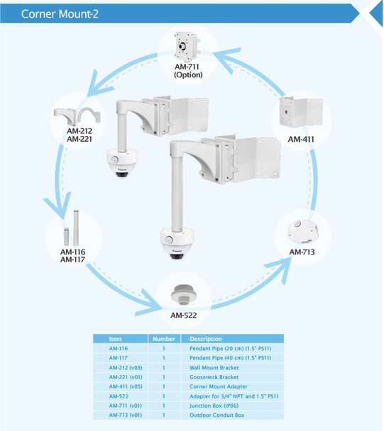 Vivotek FD836B-HVF2 Vandal Dome IP Camera more corner mount brackets