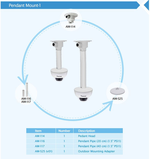 Vivotek FD8382-VF2 Vandal IR Dome IP Camera pendant mounts