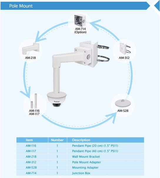 Vivotek FD8367A-V Dome IP Camera Pole Mount Arm