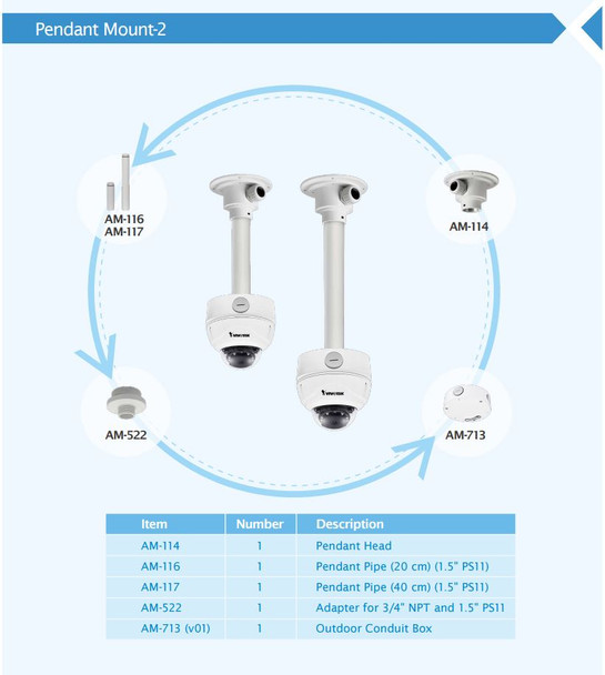 Vivotek FD9381-HTV Vandal Dome IP Camera pendant mounts