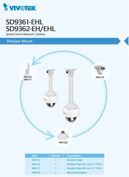 Vivotek SD9361-EHL PTZ IP Camera pendant mounts