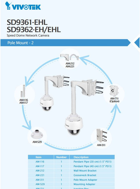 Vivotek SD9362-EH Dome PTZ IP Camera pole mount pendant arm 