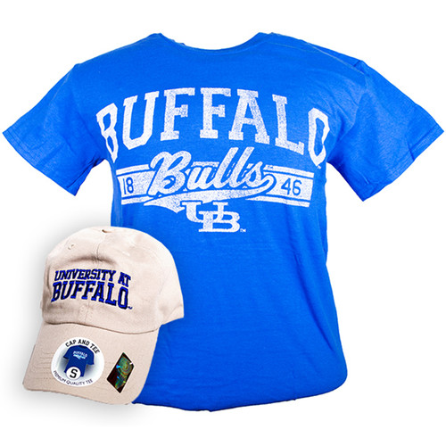 Blue short sleeve t-shirt with "Buffalo Bulls" in white. Bulls is in cursive lettering and underlined. Interlocking UB logo in white underneath "Bulls." Comes with an off-white cap with "University at Buffalo" wording in navy.