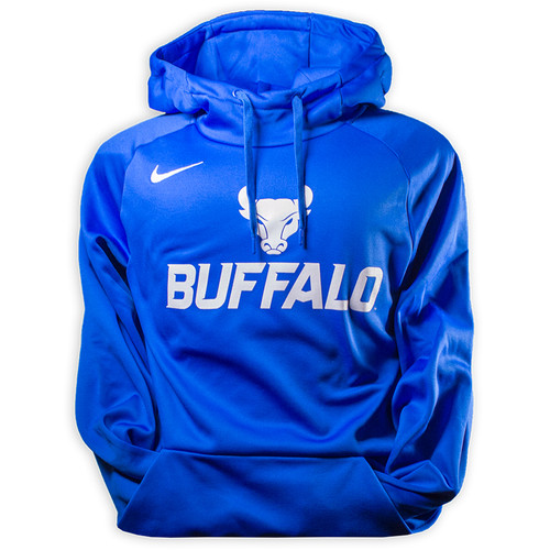 Blue dri-fit hoodie with Bulls logo and "Buffalo" in white, Nike logo on the (wearer's) right side above the Bulls logo. Blue dri-fit hoodie with Bulls logo and "Buffalo" in white, Nike logo on the (wearer's) right side above the Bulls logo.