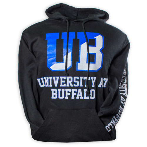 Black hoodie with "UB University at Buffalo" large on the front. "UB" is split diagonally between blue & white with blue outline. "University at Buffalo" is underneath in white with blue outline.