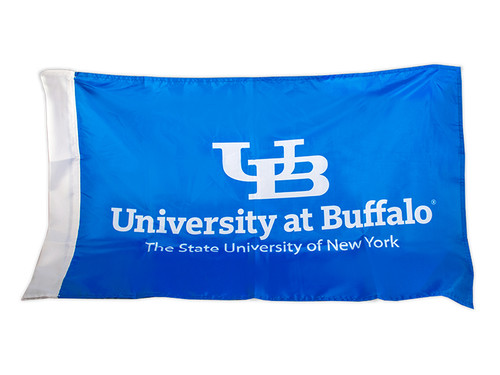 Blue flag with a white bar at the left. Interlocking UB logo and "University at Buffalo The State University of New York" in white on the blue is the main focal point. Blue flag with a white bar at the left. Interlocking UB logo and "University at Buffalo The State University of New York" in white on the blue is the main focal point.