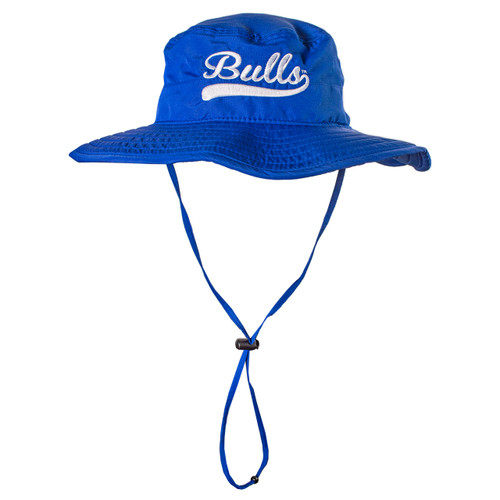 Bucket hat in blue with Bulls in cursive white font and underlined. Adjustable cording is blue as well.