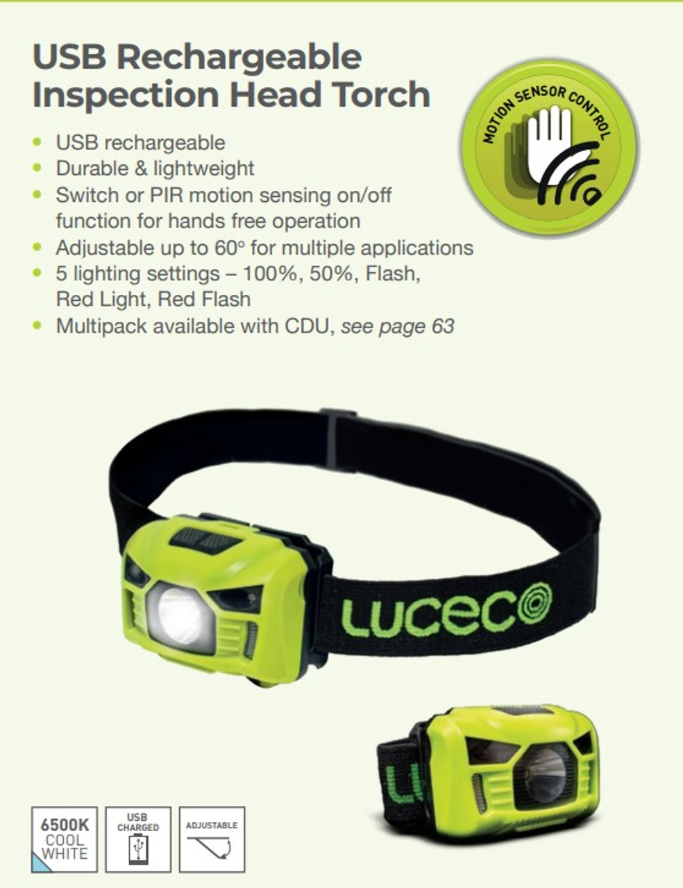 luceco rechargeable pir inspection head torch 3w 6500k