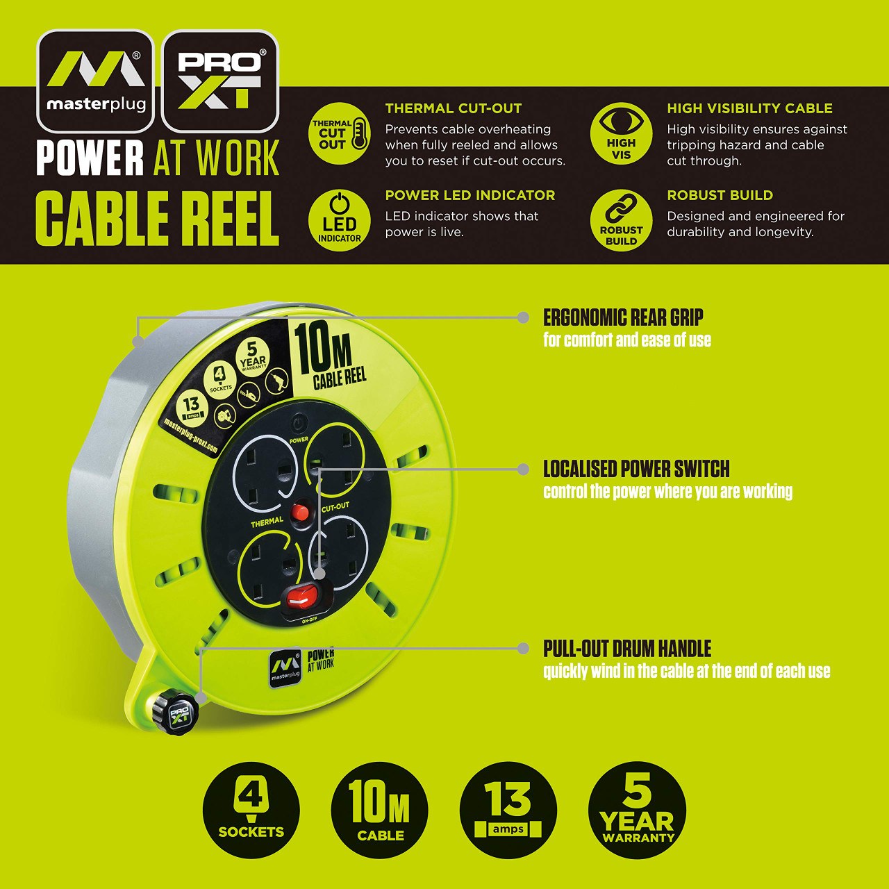 Masterplug 10 Socket Masterplug CMU10134SL-PX 10m 13A 4 socket reel | Selffix DIY