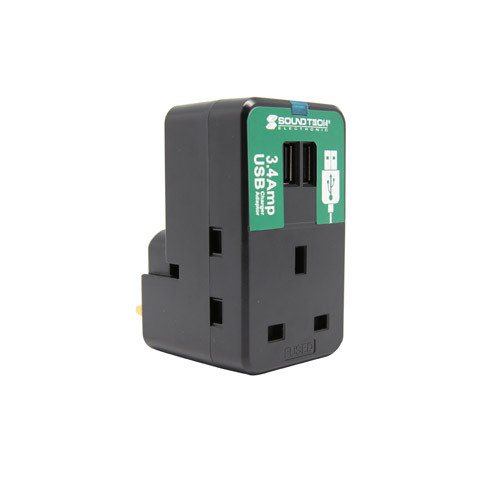 Soundteoh PP-34U 3 Way Adaptor Plug W/3.4A USB