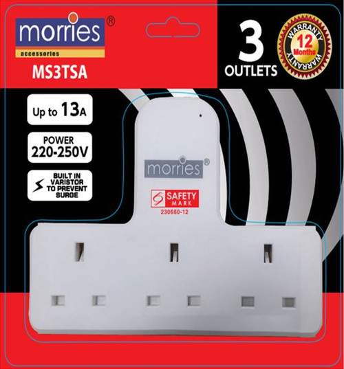 Morries MS3TSA T-Shape 3-Way Socket Adaptor - Selffix Singapore