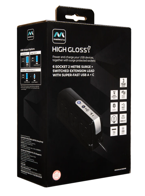 Masterplug 6 Socket 2M Surge+Switched Extension Lead with USB A+C (SRGDSUAC2062PB) - Selffix Singapore