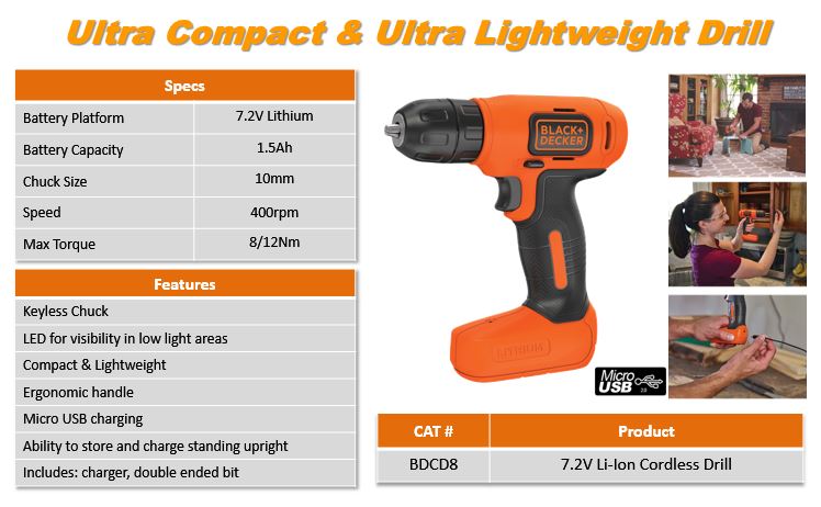 Black and Decker BDCD8K 7.2V Cordless Drill Driver Selffix DIY