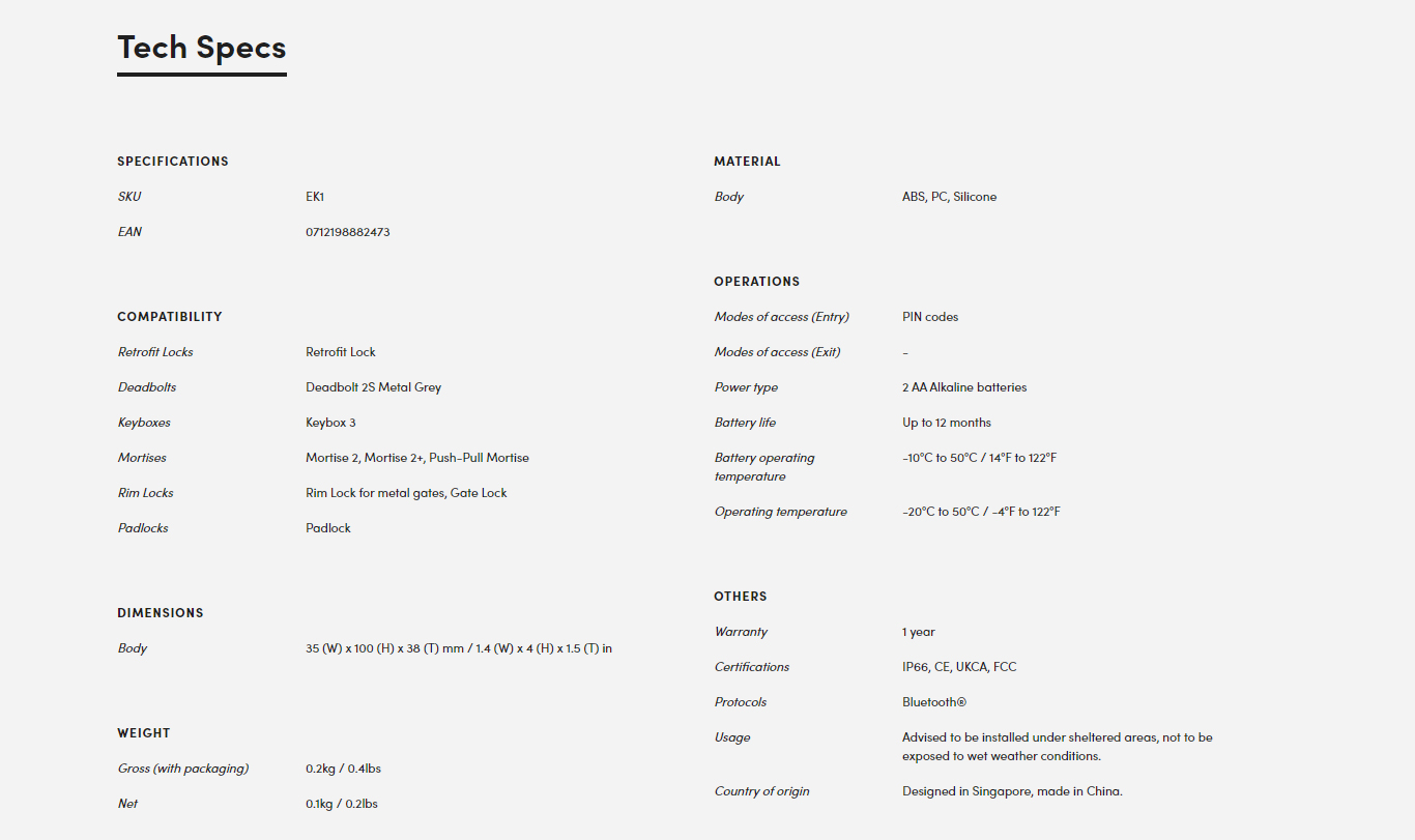 IglooHome EK1 KeyPad Technical Specifications - Selffix Singapore