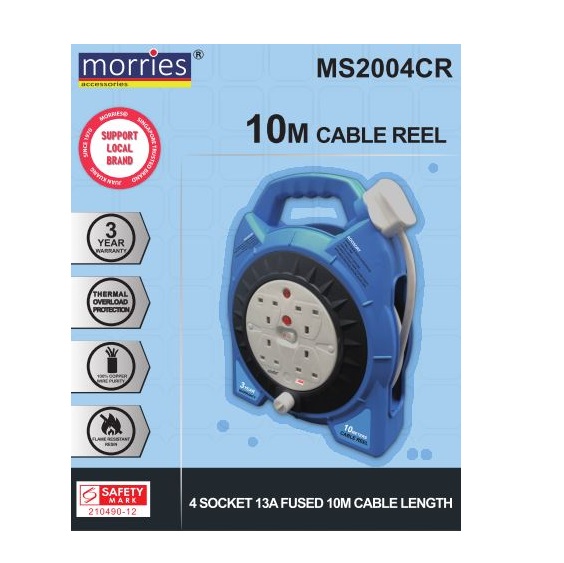 Morries MS2004CR Cable Reel 4Gang Socket 10m - Selffix Singapore