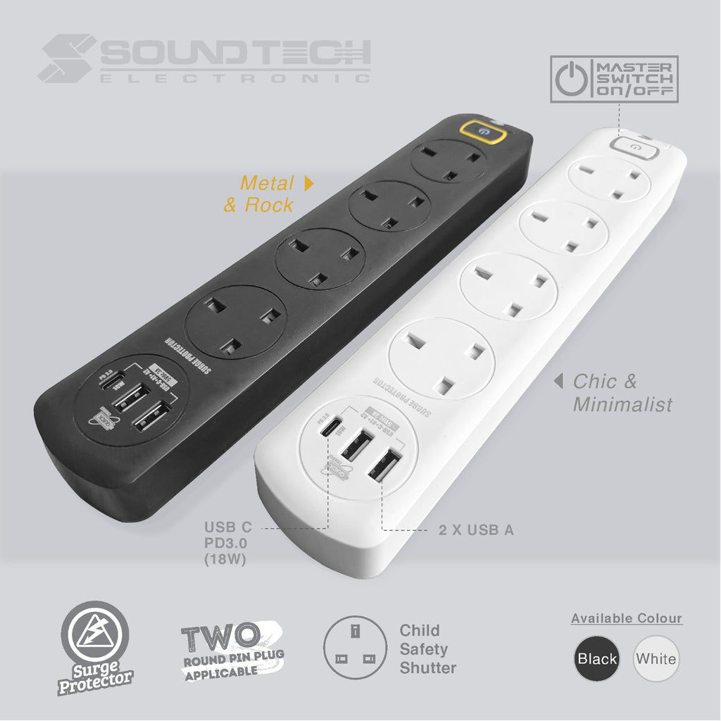 Soundteoh MS-641 4Way External Socket with USB A+C - Selffix Singapore