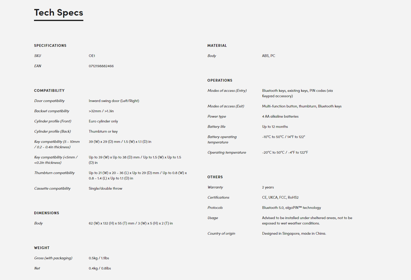IglooHome OE1 Retrofit Lock Technical Specifications - Selffix Singapore