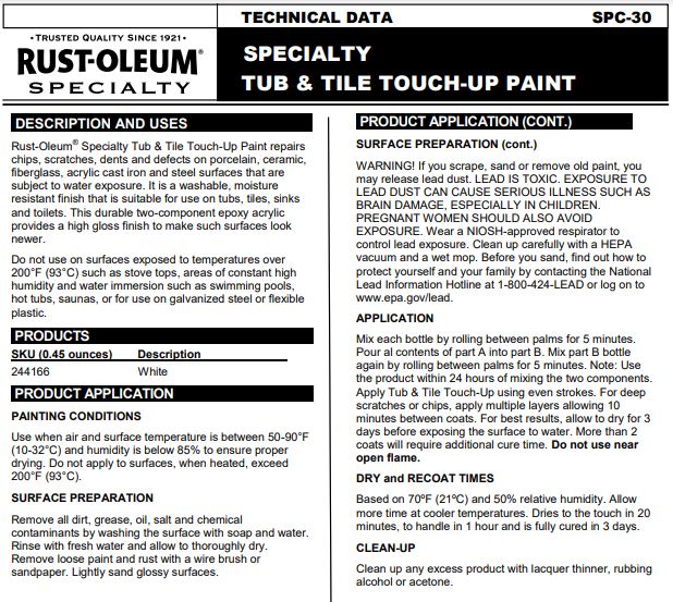 RustOleum Specialty Tub & Tile Touch Up Selffix DIY