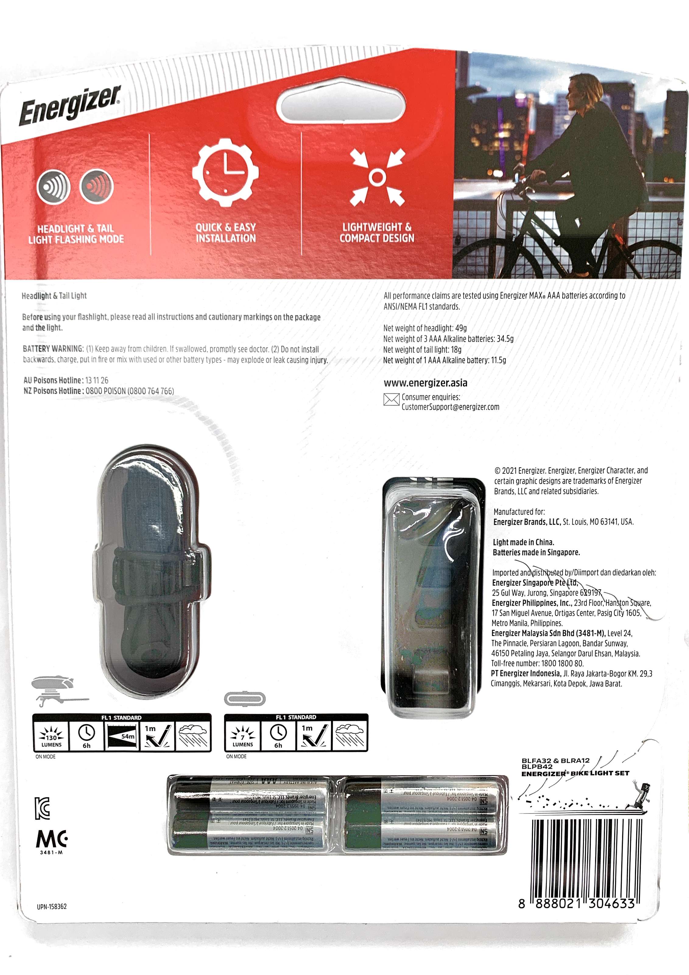 Energizer Bike Light Set Specifications