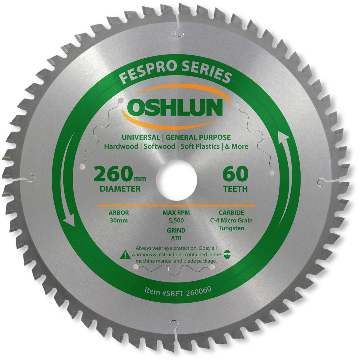 FesPro Saw Blade, 260mm x 60T x 30mm Arbor, Oshlun SBFT-260060