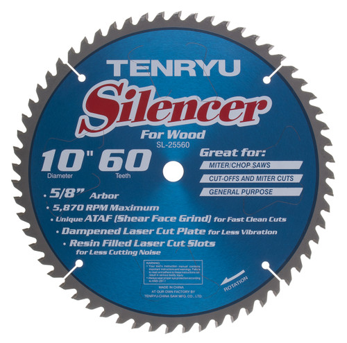 Silencer Saw Blade, 10" Dia, 60T, 0.098" Kerf, 5/8 - Tenryu SL-25560