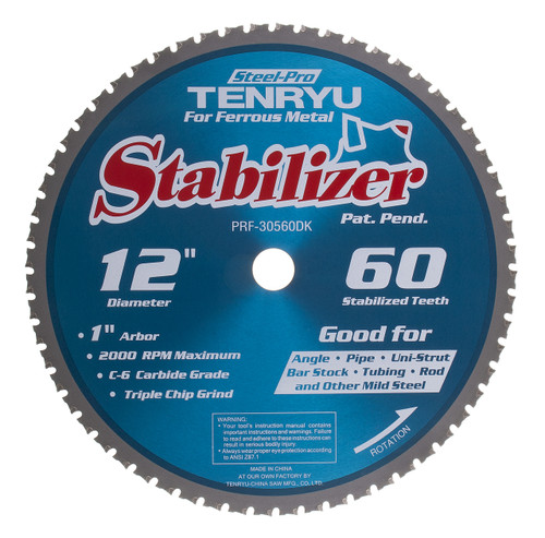 Steel-Pro Stabilizer Saw Blade, 12" Dia, 60T, 0.098" Kerf, 1" Arbor, Tenryu PRF-30560DK
